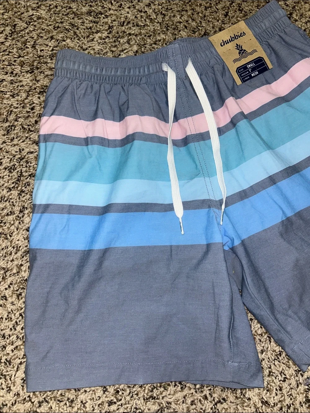 chubbies Navy Swim Shorts with Blue and Pink Stripes